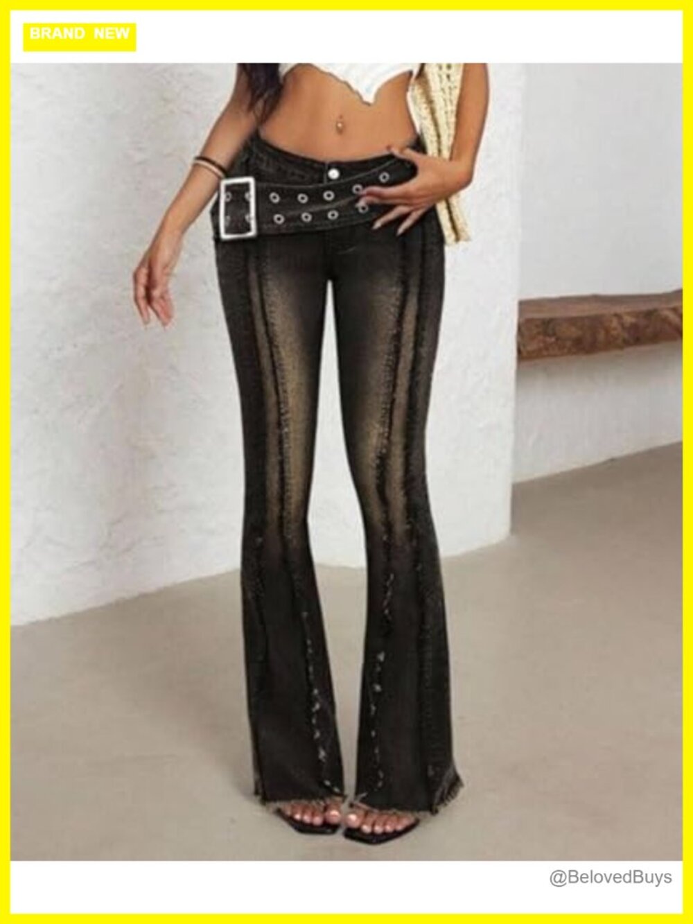 Women's Low Rise Flare Bootcut Jeans Polyester Buckle Belt Raw Trim - Picture 2 of 4